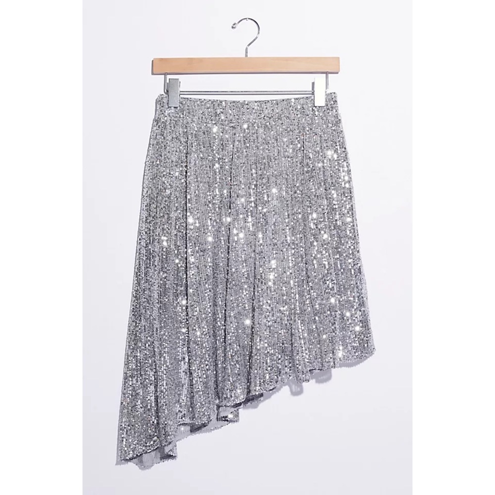 Free People Last Dance Silver Sequin Asymmetrical NYE Eras Skirt